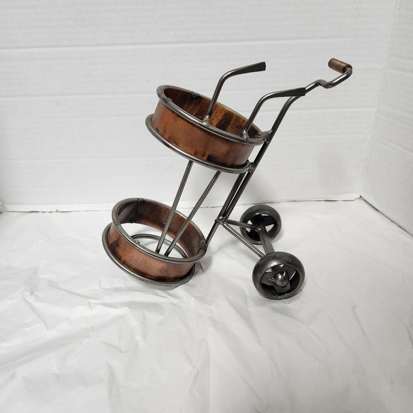 Vintage Metal Golf Cart Wine Bottle Holder Bronze Finish Handmade Rare Barware - Picture 2 of 8